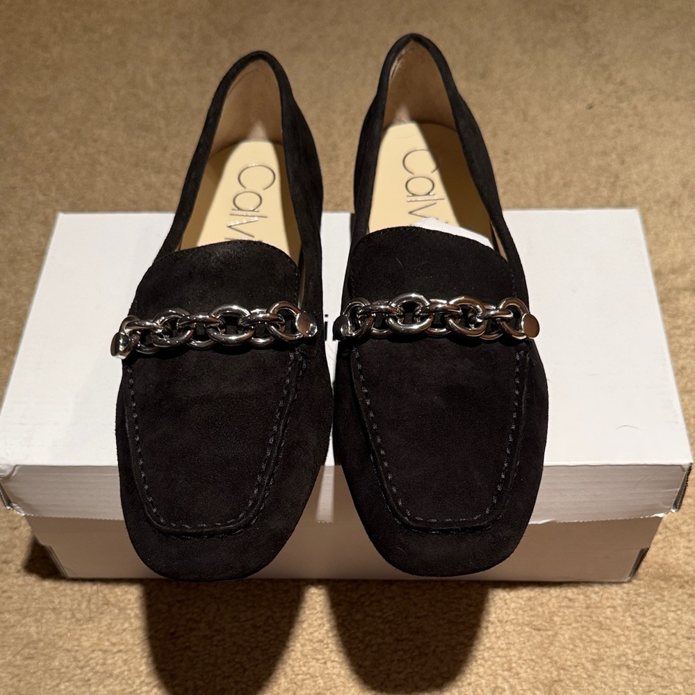 NWT Calvin Klein Women’s Suede Black Loafers with Chain Detail